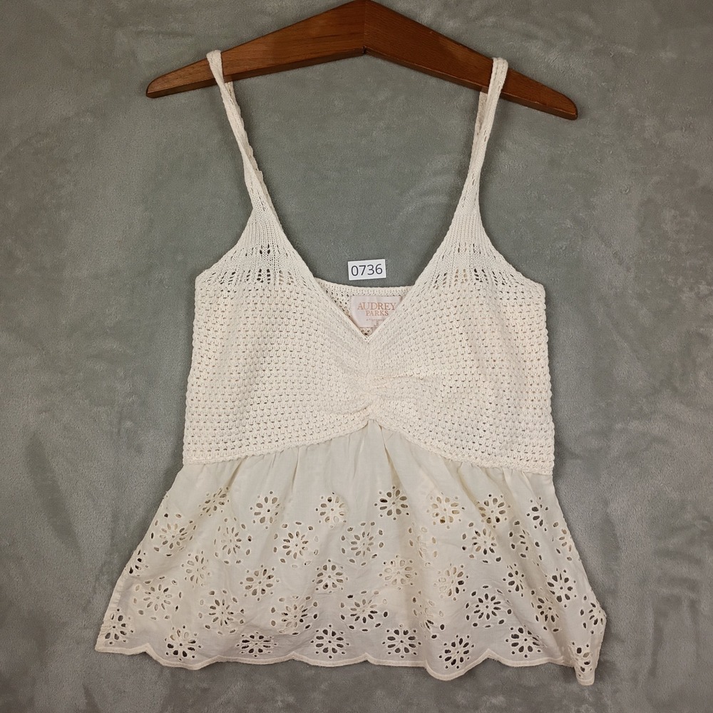 Audrey Parks Cami Top Womens XL Ivory Crochet Eyelet Lace Peplum Boho Cottage